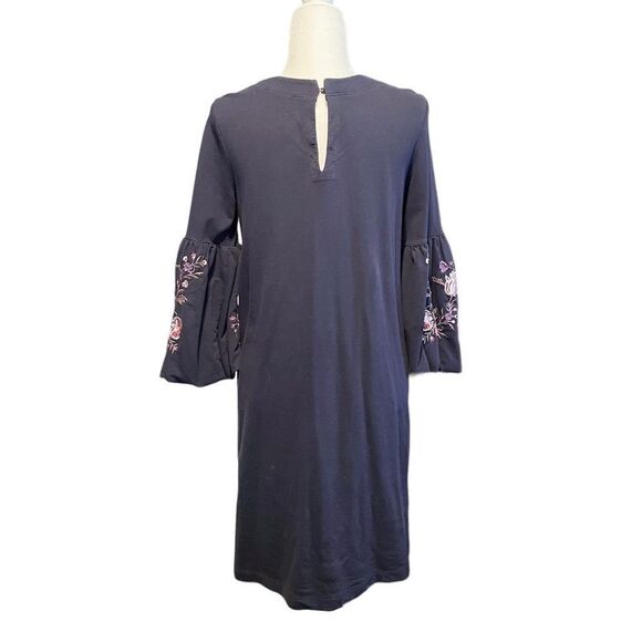 LOFT Navy Blue Embroidered Floral Bell Sleeve Knee Length Dress Size Medium - Picture 3 of 7